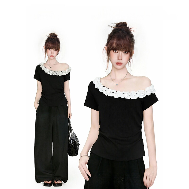 Korean-Style Stylish Design Asymmetrical Neck Top, Elegant Women's Clothing, Summer 2026, Beautiful Short-Sleeve T-Shirt for Petite Women Korean-Style Stylish Design Asymmetrical Neck Top, Elegant Women's Clothing, Summer 2026, Beautiful Short-Sleeve T-Shirt for Petite Women