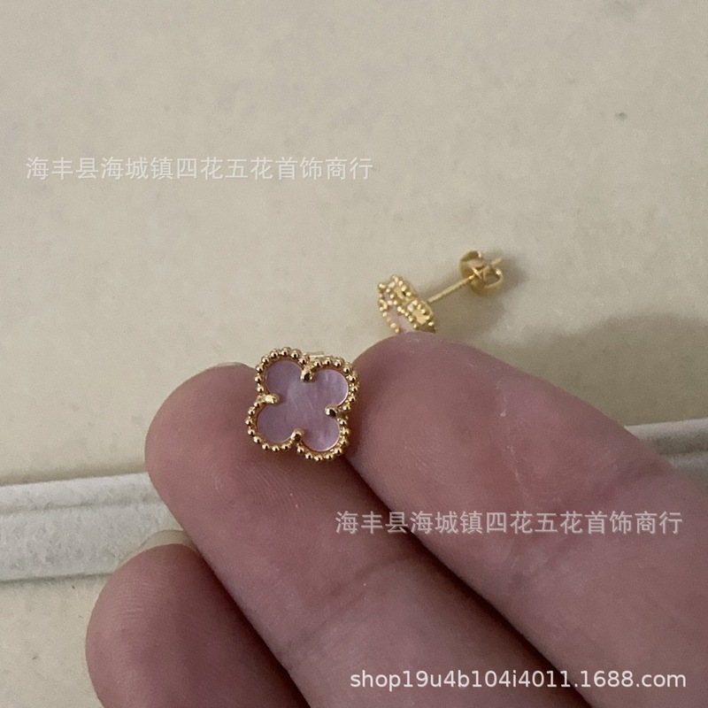 高版四叶草mini耳钉天然贝母厚金电镀 18K玫瑰金厂家直销直播批发|undefined