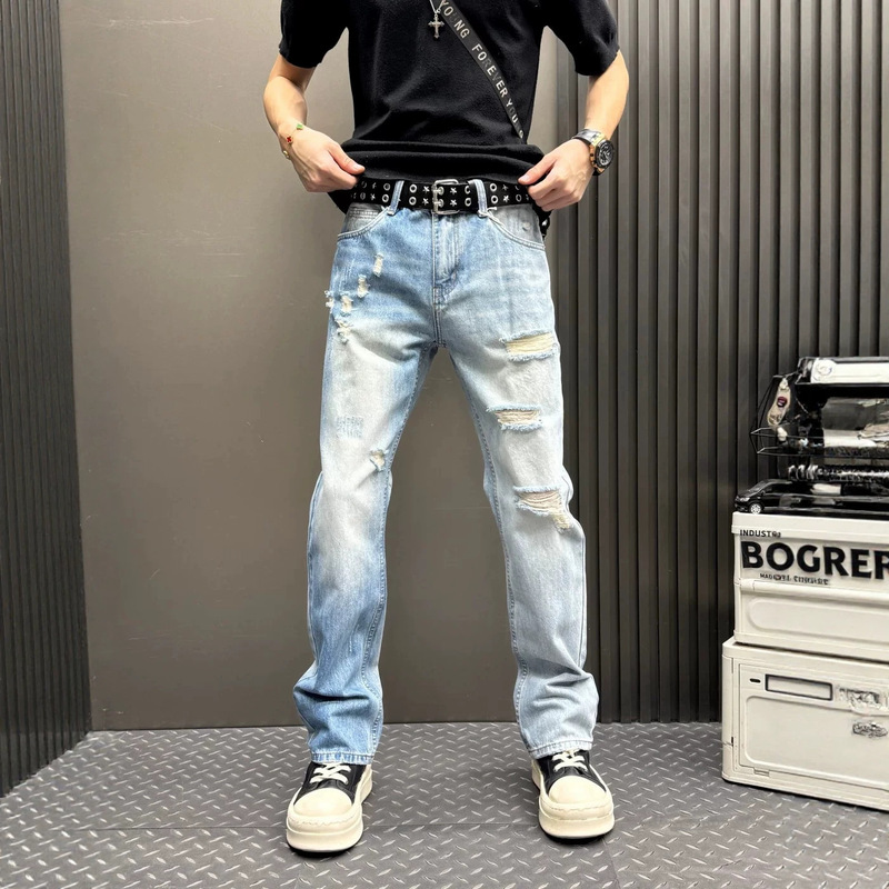 Light Blue Slim Fit Ripped Jeans for Men, Small Straight Leg, Washed, 2026 Spring and Autumn Vintage Slightly Flared, Durable Harem Pants