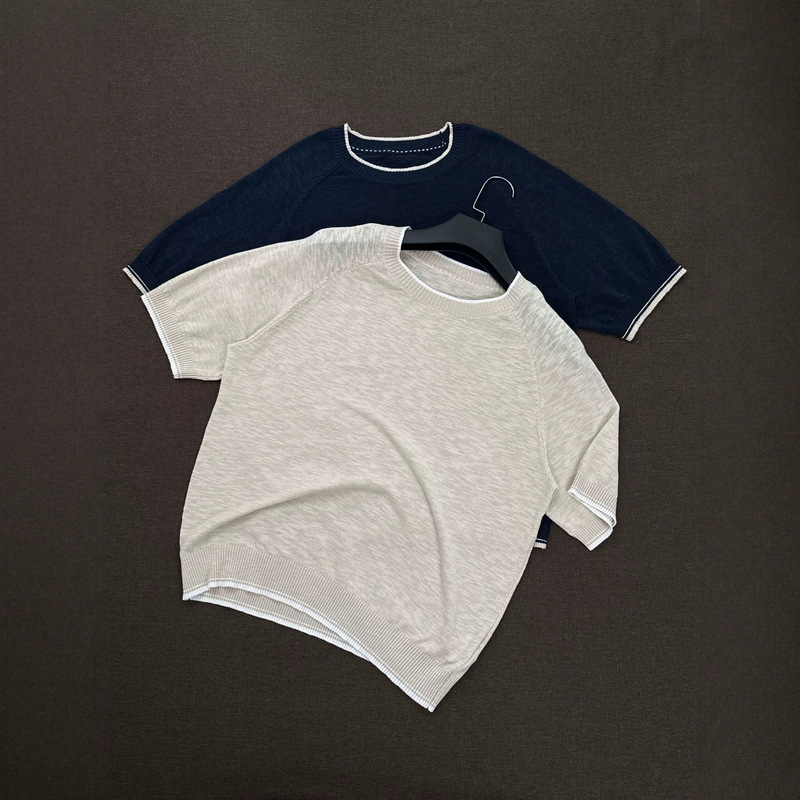 2026 Summer New British Style Knit Shirt T-shirt Round Neck Cotton-Linen Blend Cross-Border Men's Casual Short-Sleeve Top