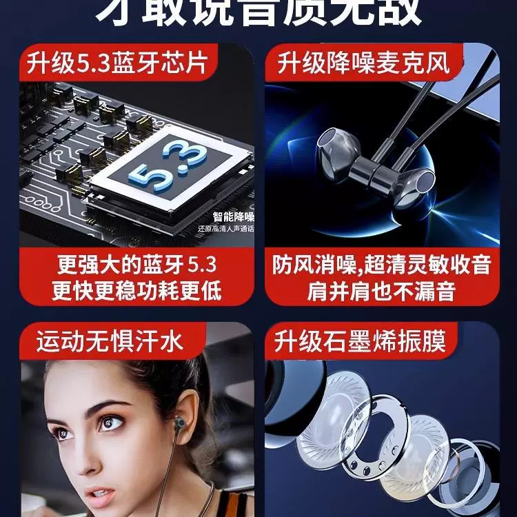 Беспроводные наушники Bluetooth 2024 нового стиля с ультра-долгой жизнью батареи, большой аккумулятор, висят на шее, спортивные беговые, специальное беспроводное подключение, совместимо с Sony