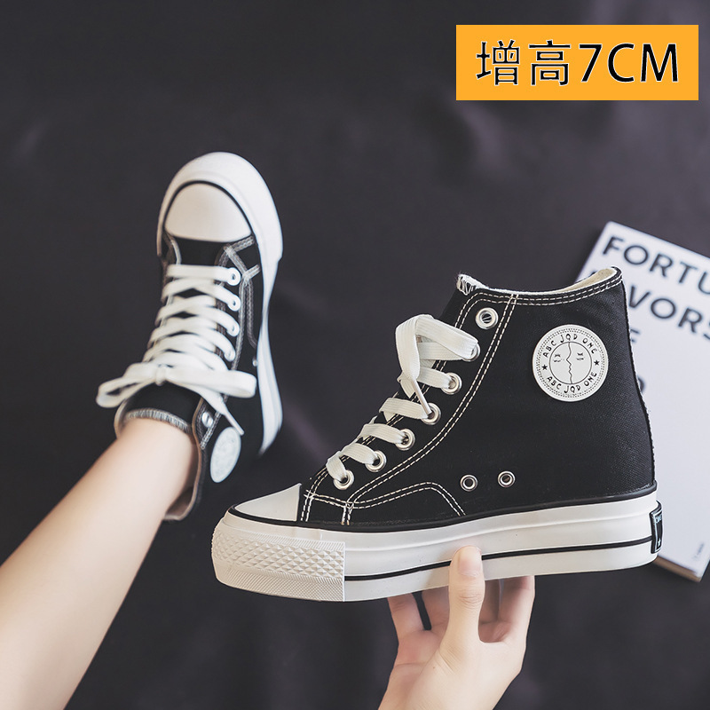 2025 New Style Height-Increasing 8cm Canvas Shoes Versatile Thick-Soled High-Top Korean Sneakers Lace-Up Platform Women's Shoes 6159