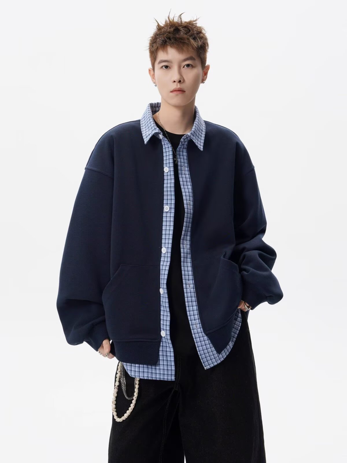 Cardigan con cappuccio uomo patchwork stile casual autunno_voghion.com