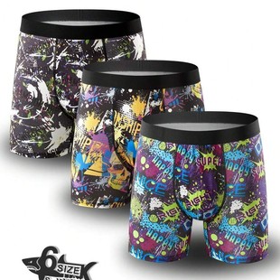 Men's Daily Home Slim Breathable Soft Comfortable Low Waist Long Boxer Panties Fashion Colorful Graffiti 3D Printing
