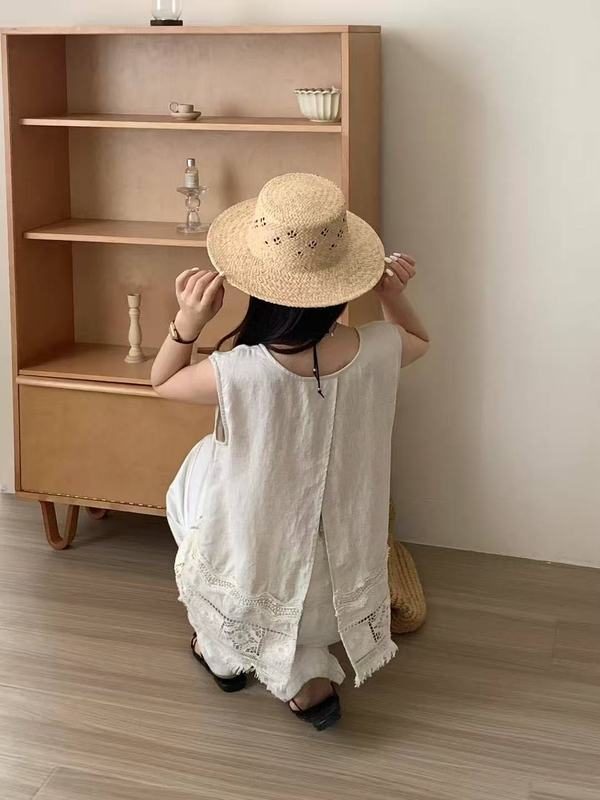 中空刺繍ステッチノースリーブベスト 2025 文学レトロラウンドネックバックデザイン多用途ルーズトップ女性用|undefined