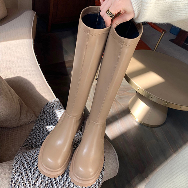 Uva mamá Otoño e Invierno Nuevas Botas Altas de punta redonda de las mujeres de fondo grueso rodilla botas pequeñas elásticas finas botas
