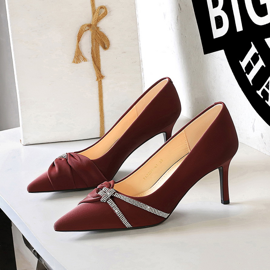 3391-A1 European And American Fashion Party Heels Stiletto Shallow Pointed Rhinestone Bow High Heel Pumps Women's Shoes_vogvips.com