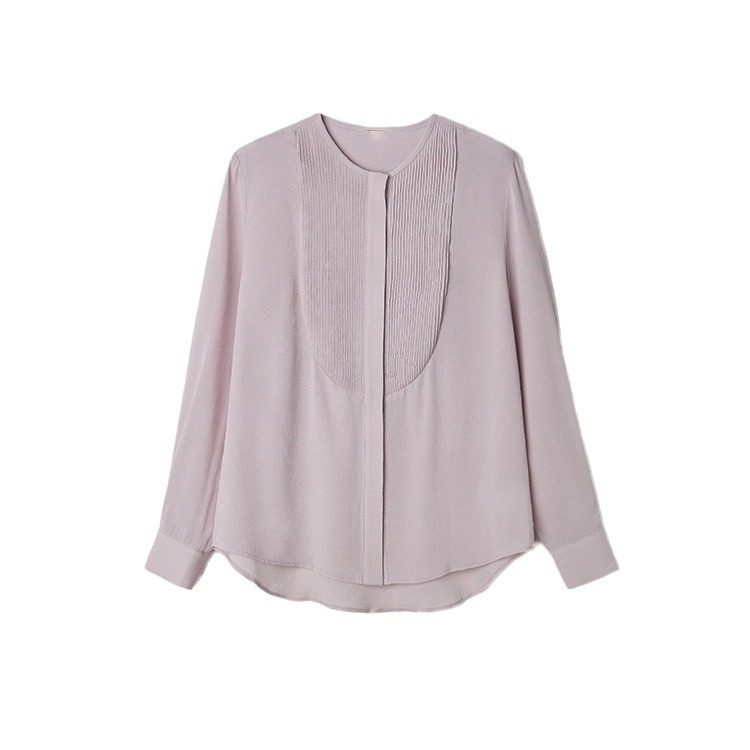 Ready Stock Manufacturer Wholesale Purple Passion Light Retro Round Neck Blouse Slow Craft Accordion Pleated Custom-Spun Ghost Crepe Silk