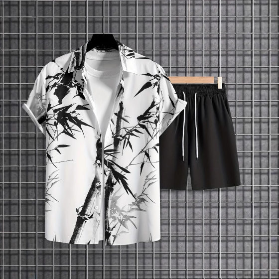 2025 Summer European and American Cross-Border New Hawaiian Beach Men's Shirt Shorts Suit