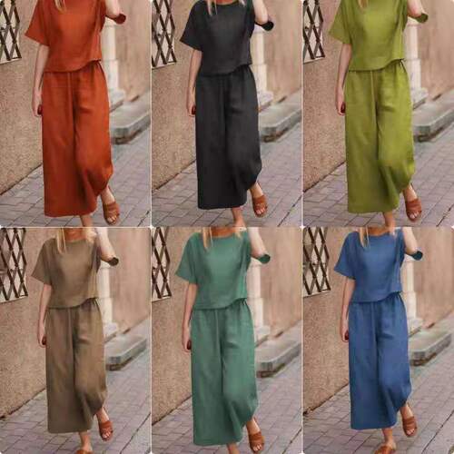 Amazon Western Pure Color Short Sleeve Set Elegant Commute Two-Piece Set for Women