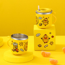 双层防烫儿童水杯304不锈钢卡通小鸭子创意杯子吸管密封旋转盖杯
