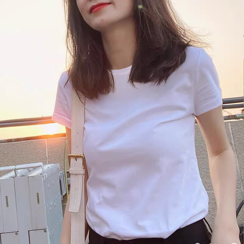 Dropshipping Heavyweight Pure Cotton Short-Sleeved T-Shirt for Women Pure Color White Right Shoulder Loose Top Suit with Bottoming Shirt