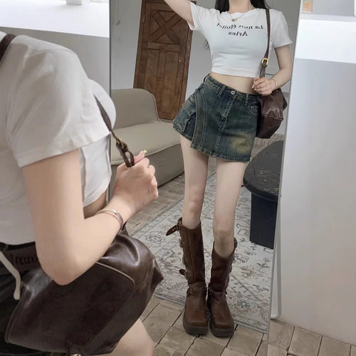 Summer niche pants retro denim short A-line skirt for women with high waist, irregular cut, side seam to prevent exposure