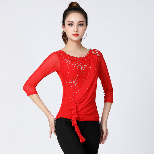 Adult female Red black ballroom latin dance tops shirts women modern dancing uniforms jump square dance clothing Latin dance performance shirts long sleeves