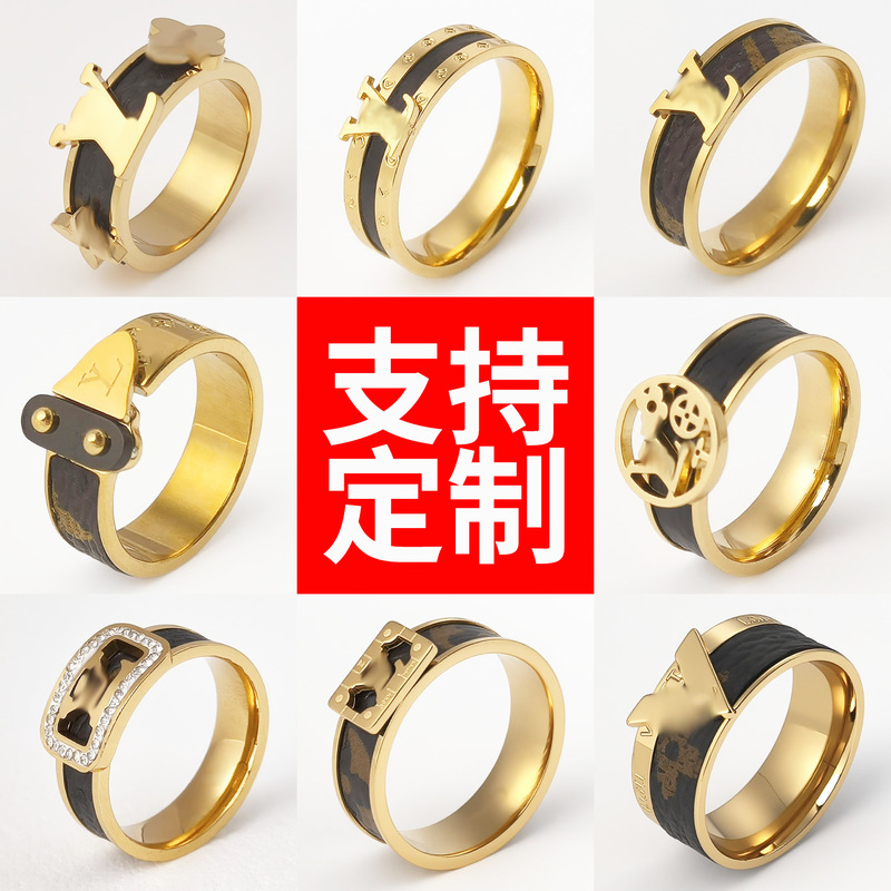 European and American Cross-Border Donkey Home Presbyopic Leather Titanium Steel Ring Non-Fading Jewelry Diamond Ring Pair Ring Hand Jewelry