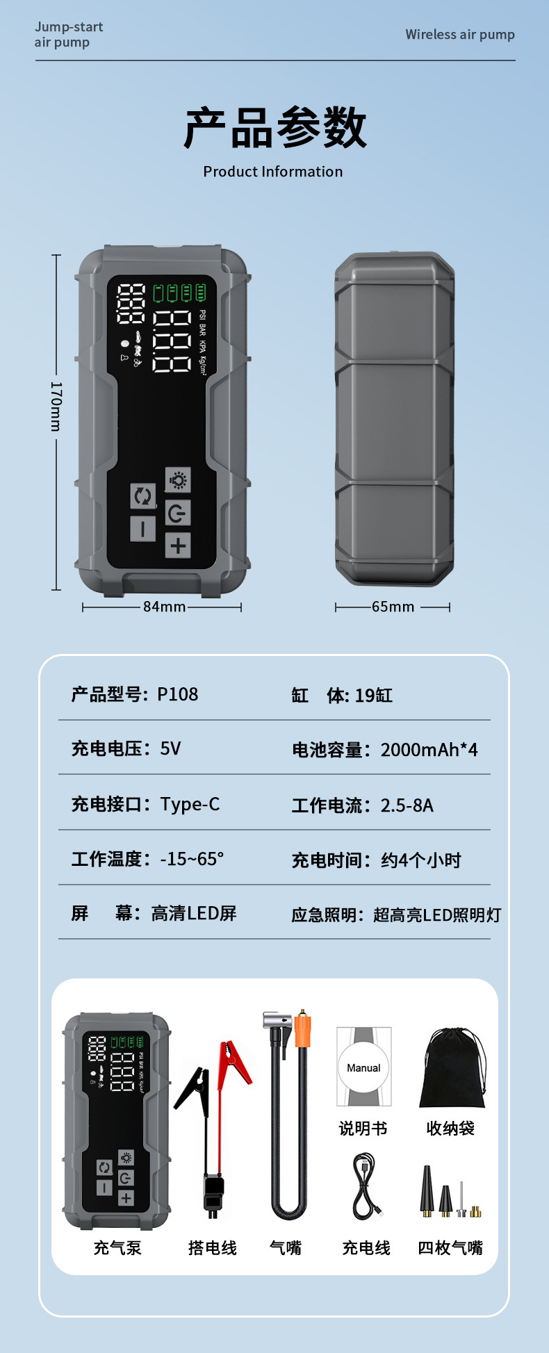 Car air pump and jump starter all-in-one device, emergency power supply, electric air pump, car jump starter device, air pump