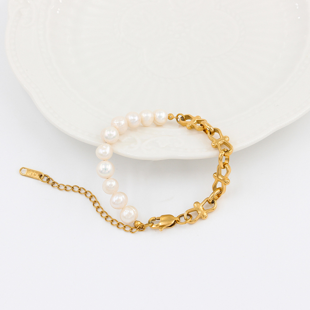 Fashion Color Block Pearl Titanium Steel Plating Bracelets Necklace 1 Piece