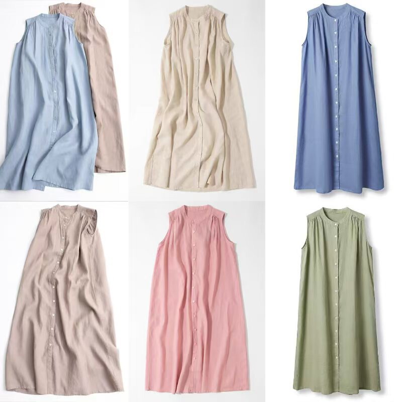 6 Colors 4 Size Linen Dress Sleeveless Multi-Pleated Design Mid-Length Literary Simple Shirt Cotton and Linen Skirt Summer New Style 6 Colors 4 Size Linen Dress Sleeveless Multi-Pleated Design Mid-Length Literary Simple Shirt Cotton and Linen Skirt Summer New Style