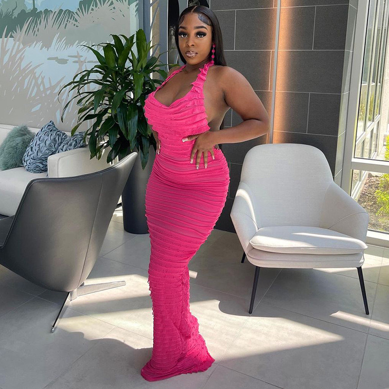 Foreign trade new European and American style women's clothing solid color halter step-on sheath dress sexy off-shoulder beef Louver dress