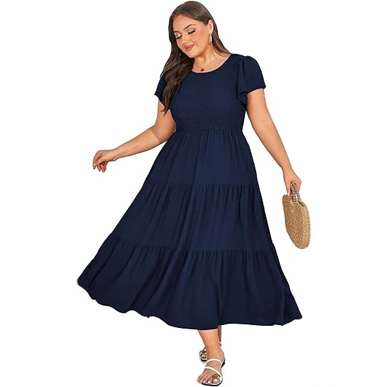 European and American Cross-border Women's Plus Size Summer Casual Crewneck Butterfly Short-sleeved Collated Layered Super Long dress