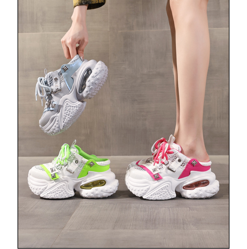 Giày sneaker nữ đế dày lưới thoáng khí phong cách daddy — Trắng Đỏ, xám xanh, màu xanh huỳnh quang chi tiết 16