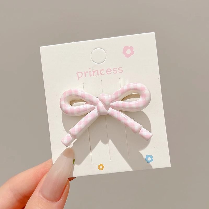 韓国のシンプルな水玉模様のラブチェック柄ヘアピン、甘い女の子のリボンサイドカモノハシクリップ、インターネットセレブインヘアピン|undefined