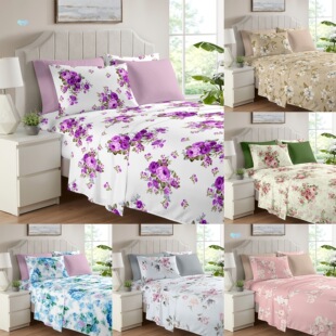 4/6Pcs Flower Printed Microfiber Bed Sheet Set 1/2 Solid Cross-Border