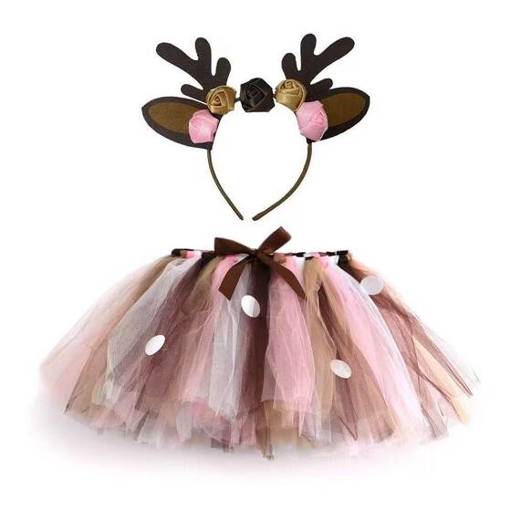 New Christmas Children's Costume Christmas Party Carnival Children's Mesh Puff Dress Elk Flower Hair Band