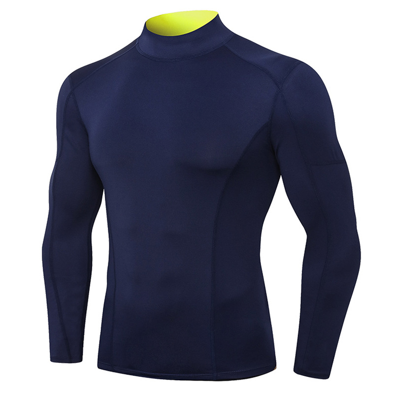 Men's Fitness Long-Sleeved High-Elastic Tight-Fitting Quick-Drying Running Training Clothes High-Neck Color-Blocked Sports Tops 01506