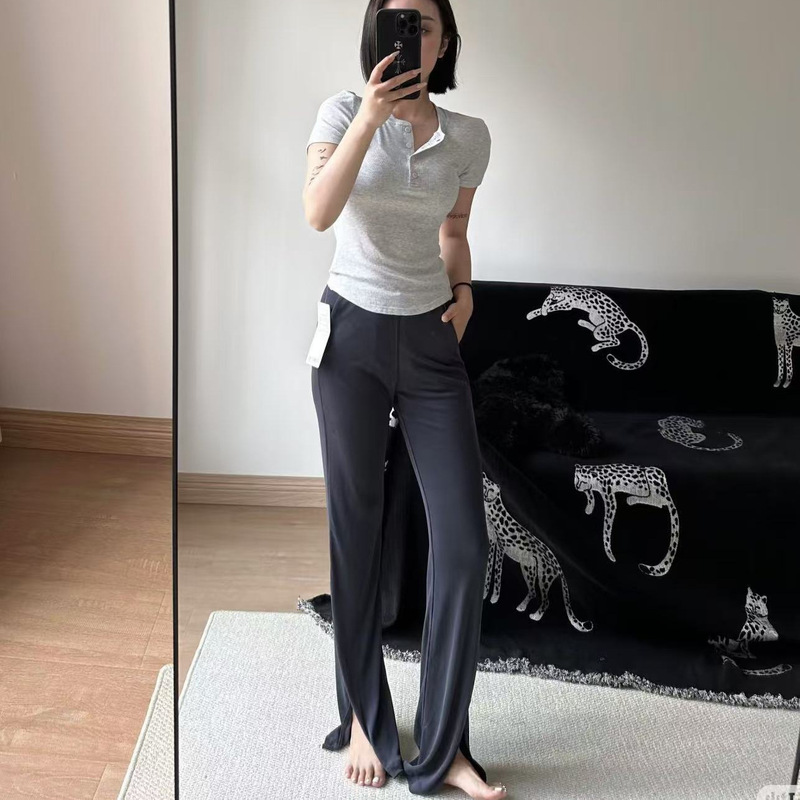 Lulu's Same Style Cool Sand-Washed Nude-Feeling Comfortable Modal Draped High-Waisted Yoga Slit Boot-Cut Pants with Elastic Outer Wear