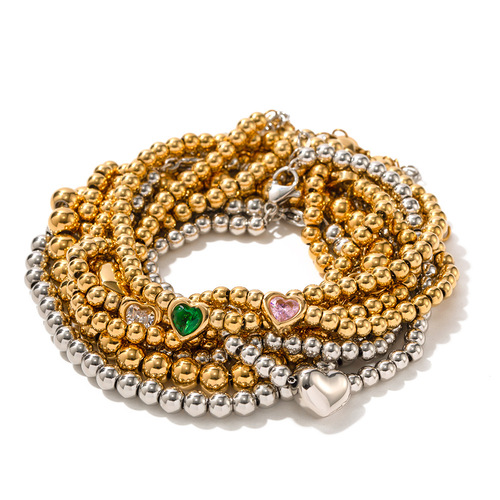 INS-style trendy titanium steel bracelet 16k gold round bead green heart zirconia bracelet, colorfast accessories wholesale