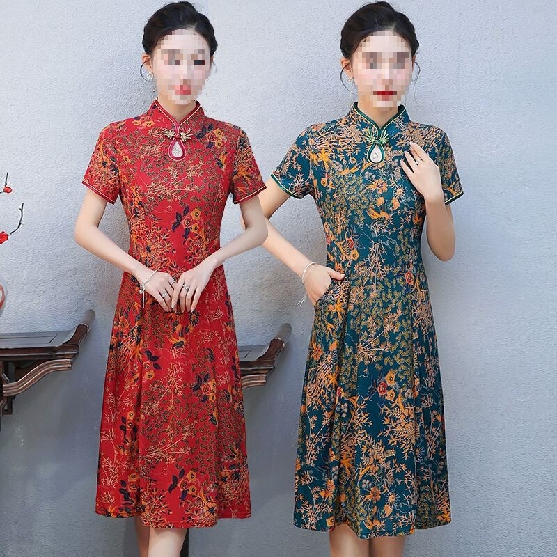 Mom's Summer Ethnic Style Short-Sleeved Cheongsam Dress for Middle-Aged and Elderly Women, Stylish and Slimming, Ice Silk Plus-Size Mid-Length Dress Mom's Summer Ethnic Style Short-Sleeved Cheongsam Dress for Middle-Aged and Elderly Women, Stylish and Slimming, Ice Silk Plus-Size Mid-Length Dress