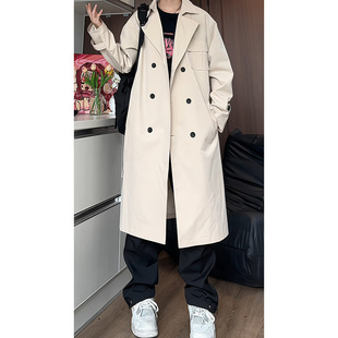 Autumn new windbreaker coat men's Korean version of long double-breasted knee-length men's loose coat a generation of hair