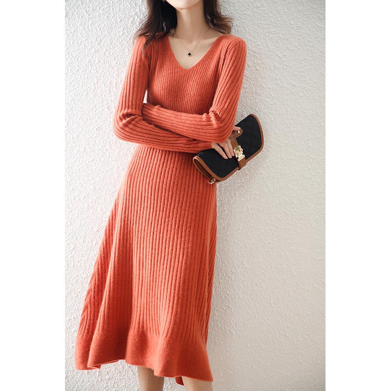 Autumn/winter women's cashmere dress wool-knit slim-fit V-neck with coat long sweater skirt underpinning