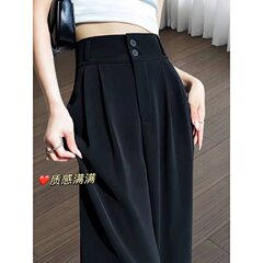 黒のダブルボタンカジュアルストレートスーツパンツ女性の夏の新しい大きいサイズファットmmハイウエストドレープカバー股痩身ワイドレッグパンツ