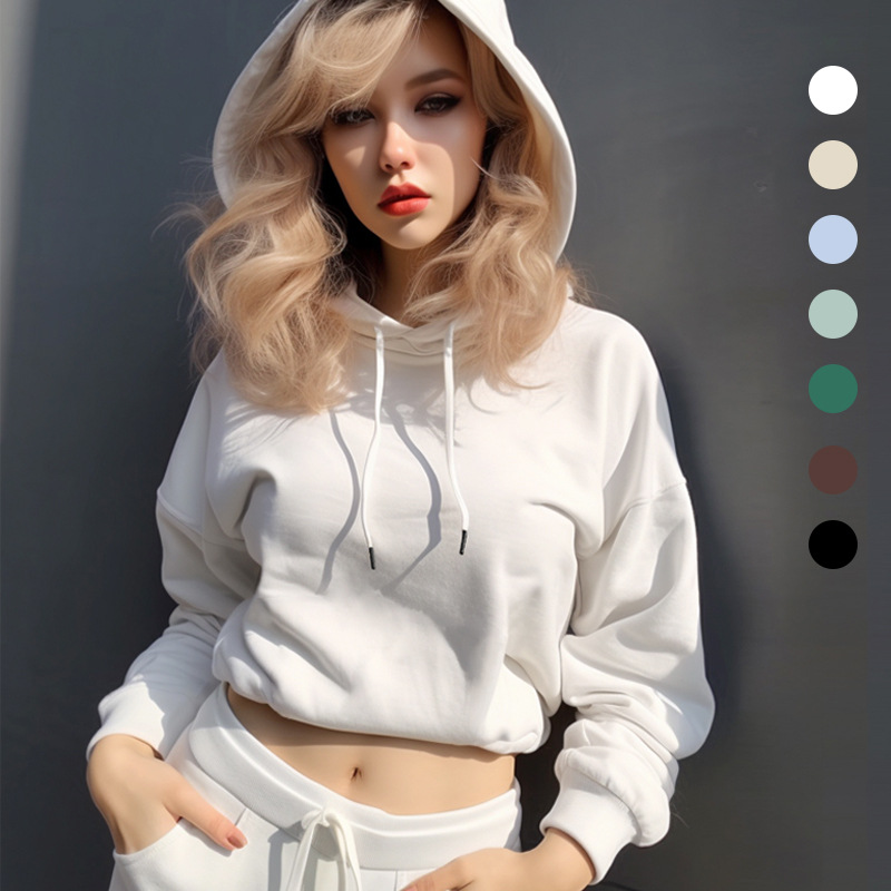 European and American American Size Foreign Trade Women's Autumn American Short Pullover Women's Hooded Navel Sweat High Waist Fleece Sweat