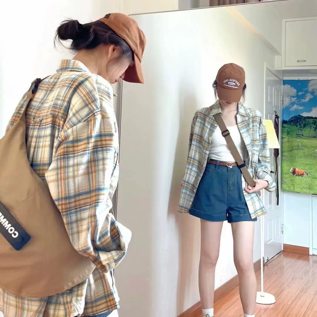 格子衬衫女装夏季复古宽松女款外穿长袖衬衣新款外套慵懒百搭上衣
