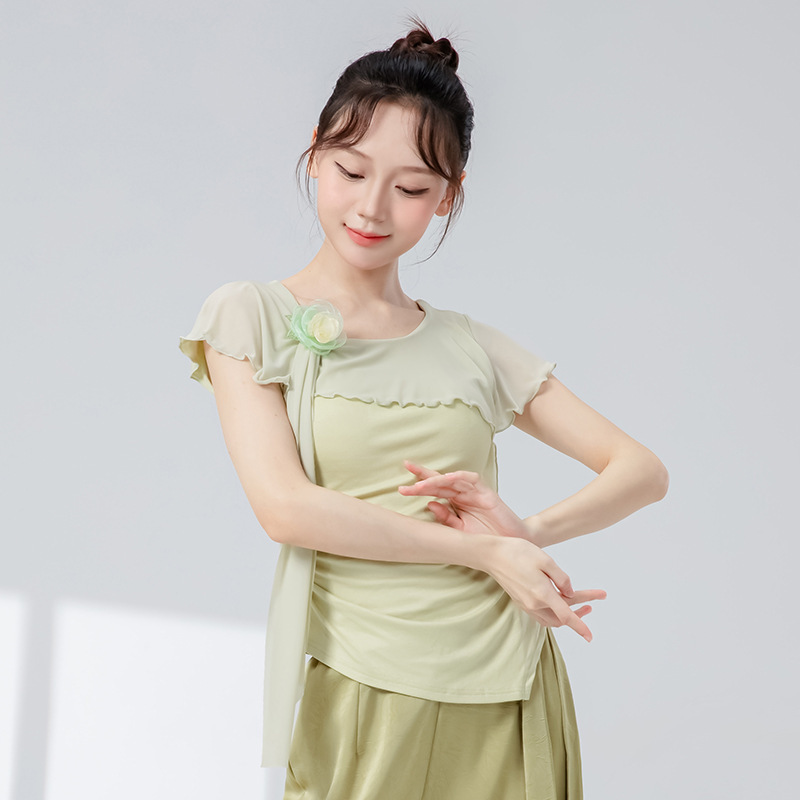 古典舞身韵新款花朵网纱拼接上衣中国舞现代舞形体舞蹈练功服纱衣|undefined