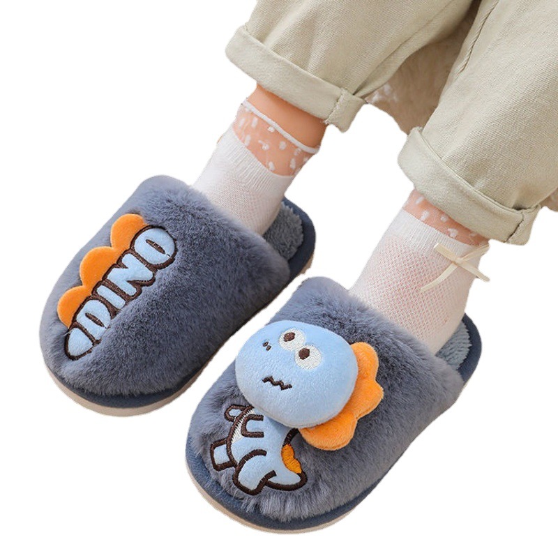 Zapatillas de piso de invierno para niños de dibujos animados de fondo suave casa lindo dinosaurio cálido peludo Grandes Medianas y pequeñas Zapatillas de algodón para bebés