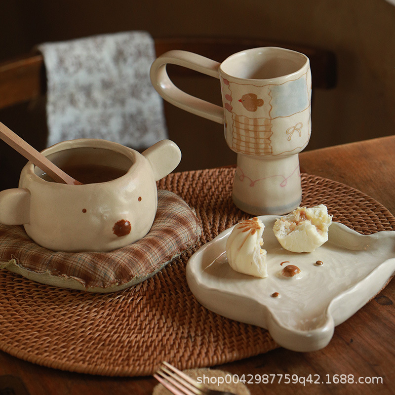 Pupu Bear Canteen Cuenco de arroz pellizcado a mano Cuenco de dibujos animados de color vidriado irregular pellizcado a mano Cuenco de postre Taza