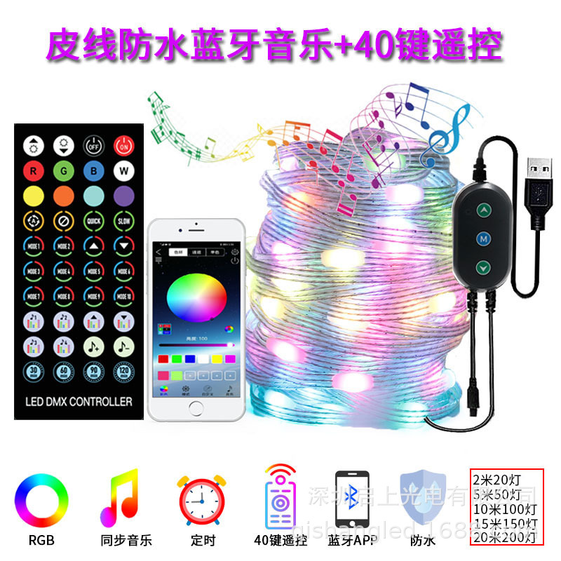 跨境LED幻彩RGB皮线灯蓝牙点控彩灯串防水遥控圣诞灯房间装饰彩灯
