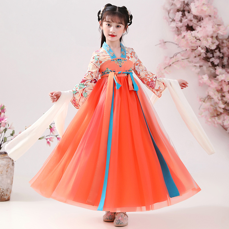 2024年夏季薄款女童汉服中国风唐装旗袍橘红桔色儿童连衣裙子厂家