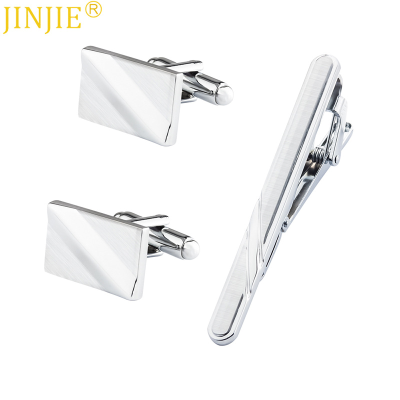 New in Stock Silver Square Electroplated Brushed Metal Tie Clip Cufflinks Set Men's French Tie Clip Cufflinks