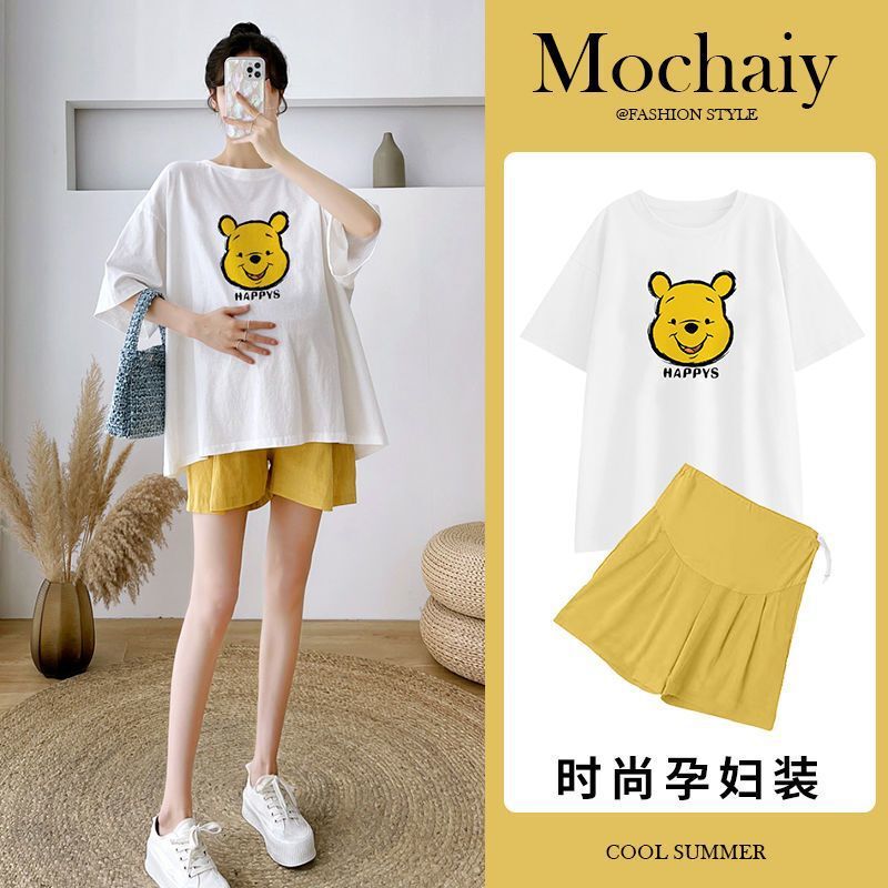 Pregnant Women's Summer Korean Loose Cute Cartoon Winnie the Pooh Belly Cover Top Summer Casual Outfit Pregnant Women's Suit Pregnant Women's Summer Korean Loose Cute Cartoon Winnie the Pooh Belly Cover Top Summer Casual Outfit Pregnant Women's Suit