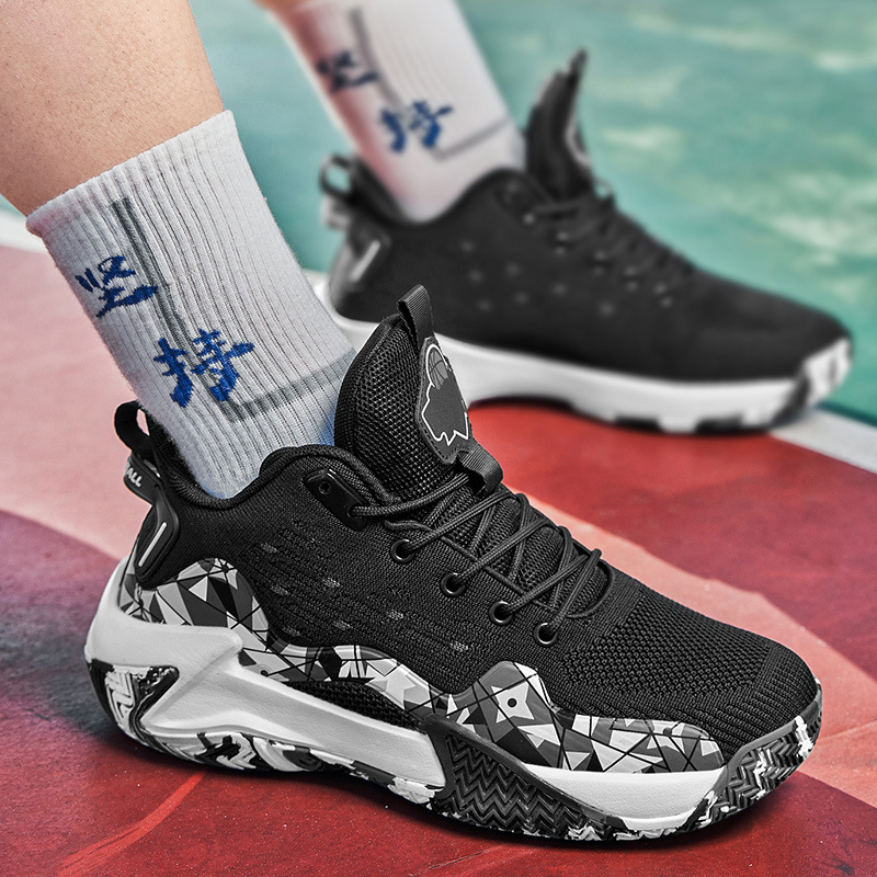 Zapatos transfronterizos para hombre, zapatos de baloncesto de punto con mosca, zapatos deportivos de verano de caña alta, zapatos de entrenamiento para estudiantes jóvenes de camuflaje de malla de moda image 6