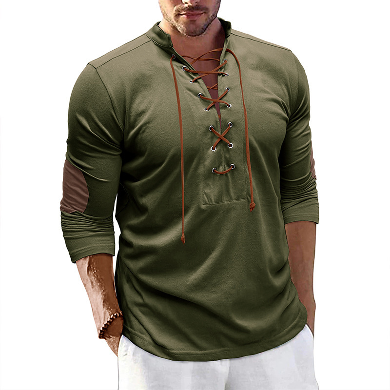 Cross-Border Men's long-sleeved lace-up stand collar Henley shirt European and American retro men's T-shirt outdoor sports bottoming shirt top
