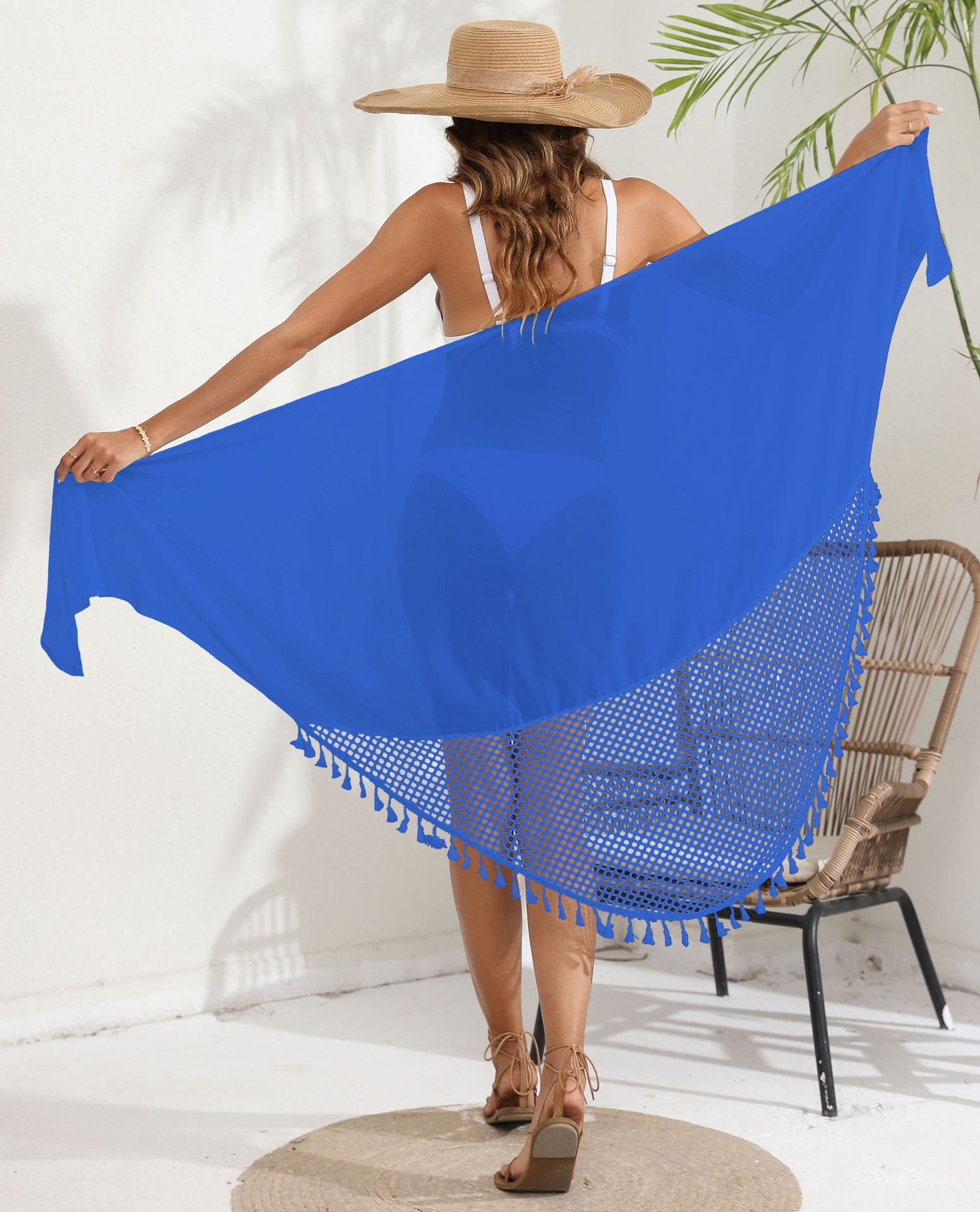 Chal de Protección Solar Multiuso para Mujer de Poliéster UPF30+ con Borlas