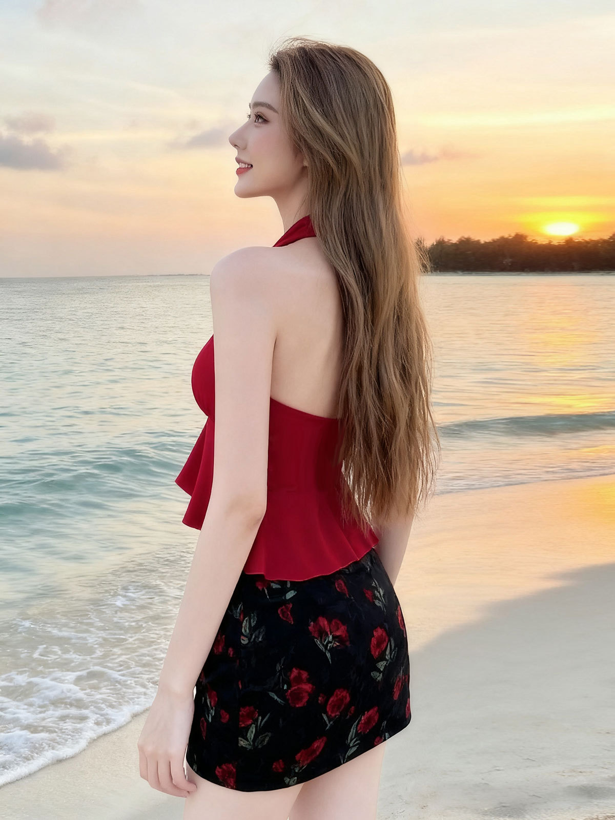 2025 nuevo traje de baño dividido bikini de tres piezas para mujer, hermoso vestido de baño con estampado de aguas termales rojo y blanco