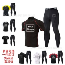 男士跨境健身服运动短袖慢跑套装舒适紧身衣裤跑步透气长裤两件套