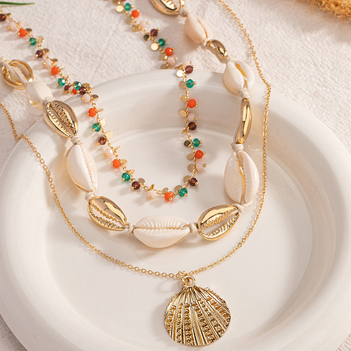 Alloy Chain Material 1 Set Quantity Vacation Bohemian Marine Style Geometric Scallop Shell Alloy Wholesale Pendant Necklace Necklace